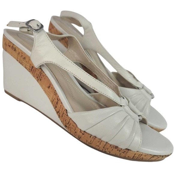 Andrew Geller Wedge Sandals 9M Cork Leather Strappy Feng Ivory Cream - Picture 1 of 13